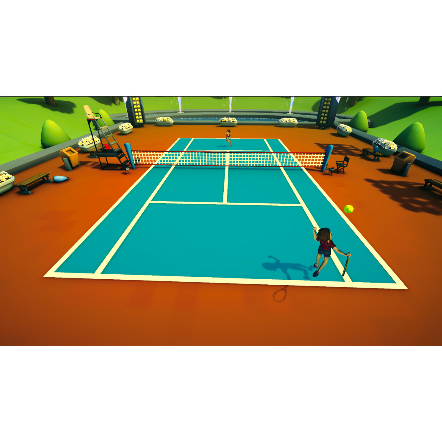 A tennis court with two players. One is about to hit the ball. Court is blue with white lines on a brown surface. Green background.