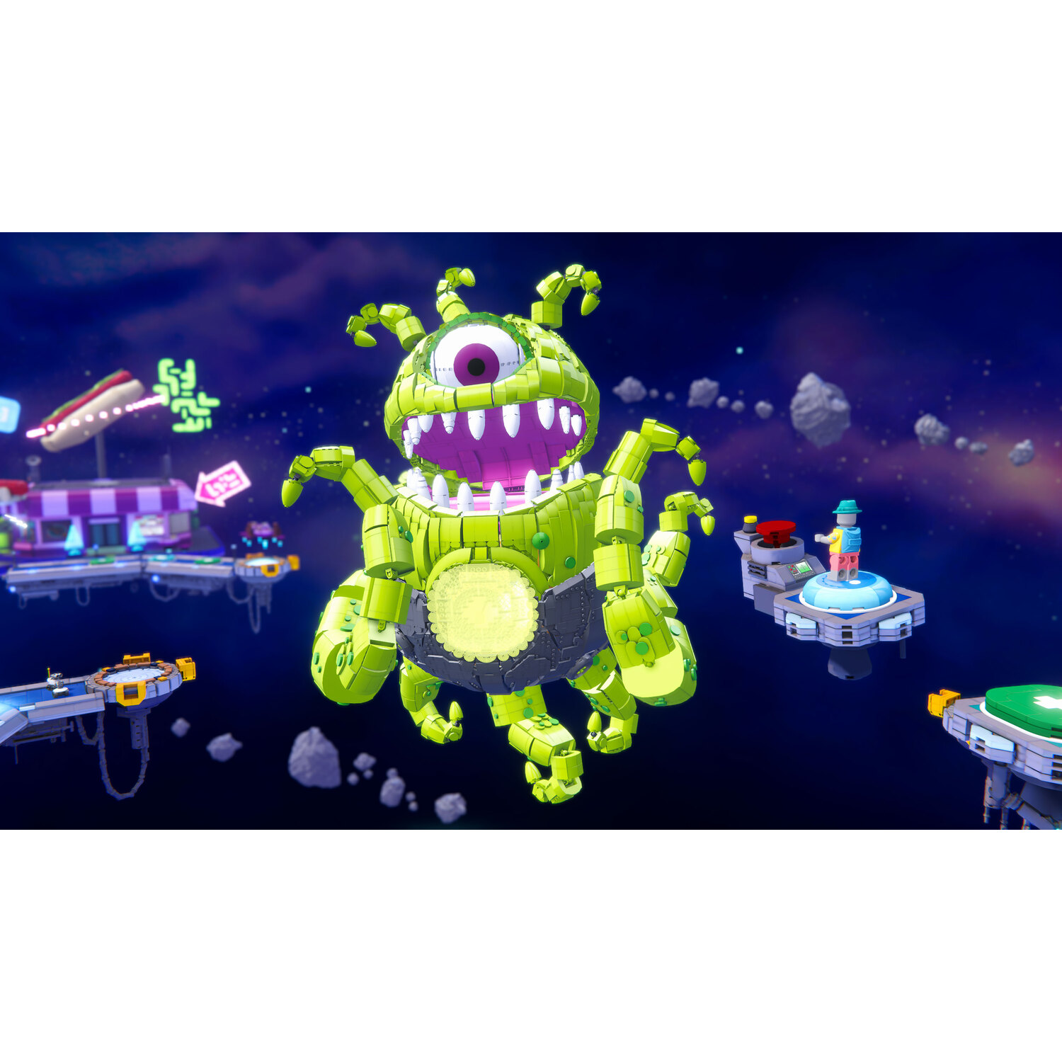 Een groen Lego-monster met één oog, scherpe tanden en meerdere armen die in de ruimte zweeft. Andere Lego-structuren zijn op de achtergrond.
