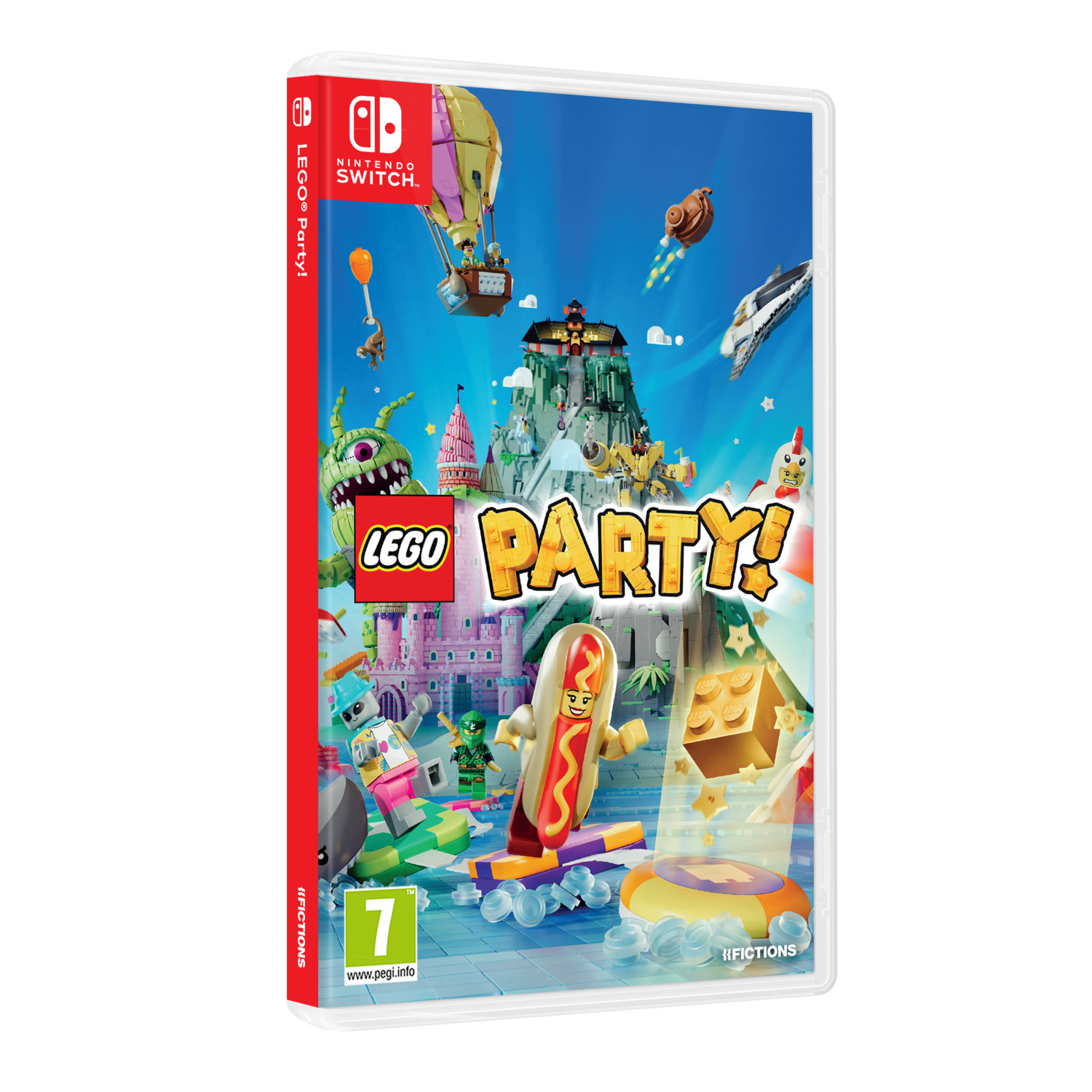 LEGO Party! Nintendo Switch game cover. Het toont verschillende LEGO-personages en -objecten, zoals een hotdog, kasteel en een vliegend object.