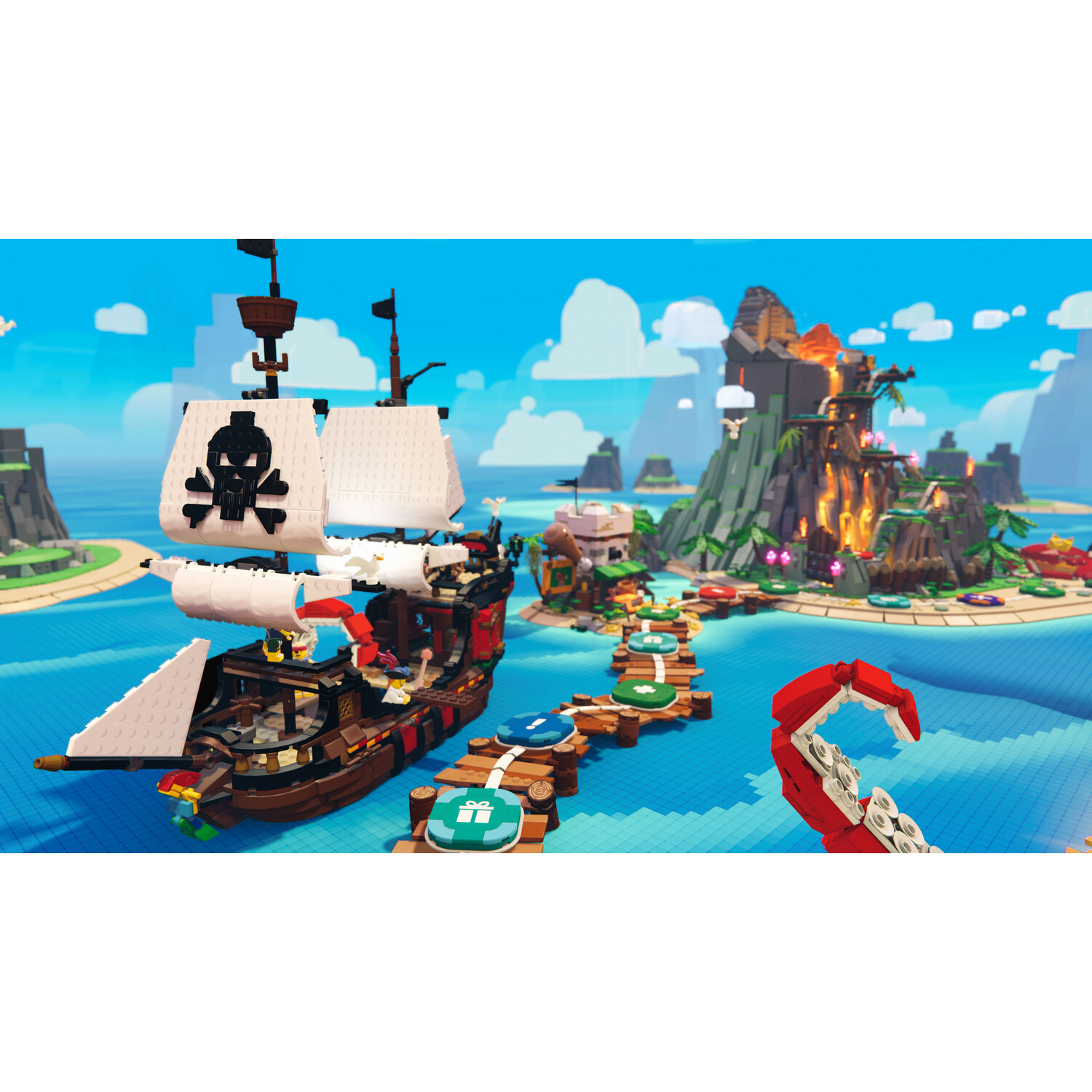 Een Lego piratenschip met een doodskop op het zeil. Een rode robotarm reikt uit. De achtergrond toont een eilandscène.