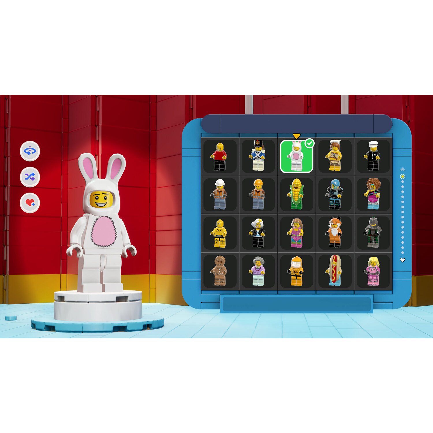 Een Lego-figuur in een konijnenpak staat in de buurt van een blauw scherm met verschillende Lego-figuren. De konijnenfiguur is geselecteerd.