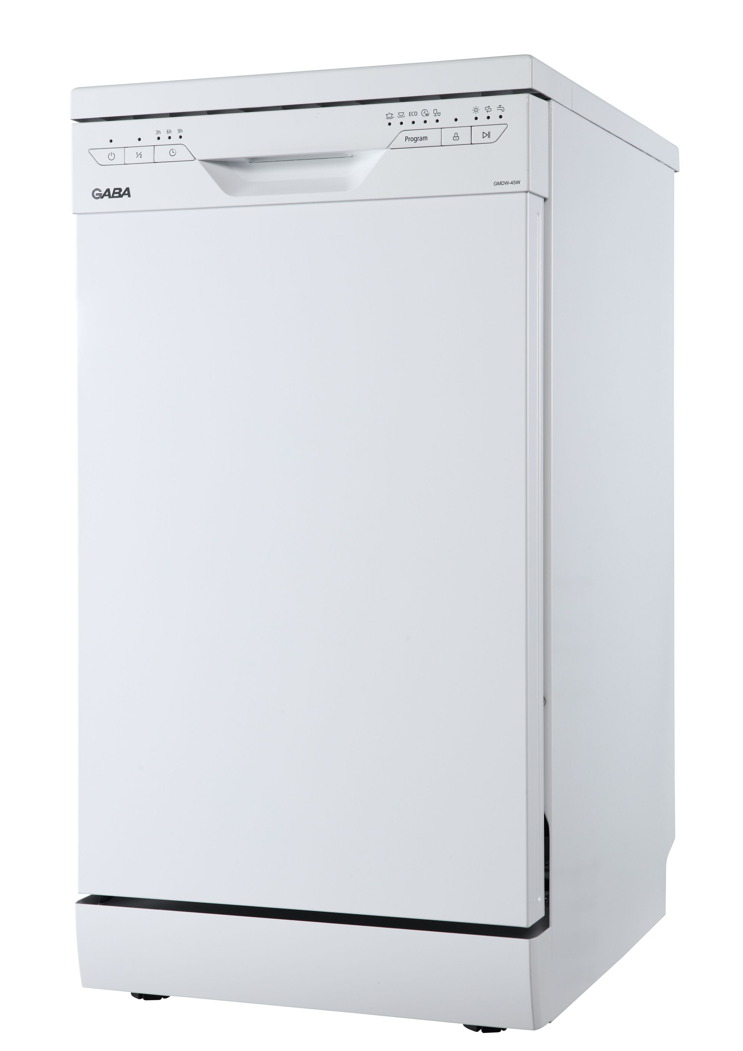 Egy fehér Gaba mosogatógép. Vezérlőgombok és fogantyú található rajta. A modell GMDW-45W.
