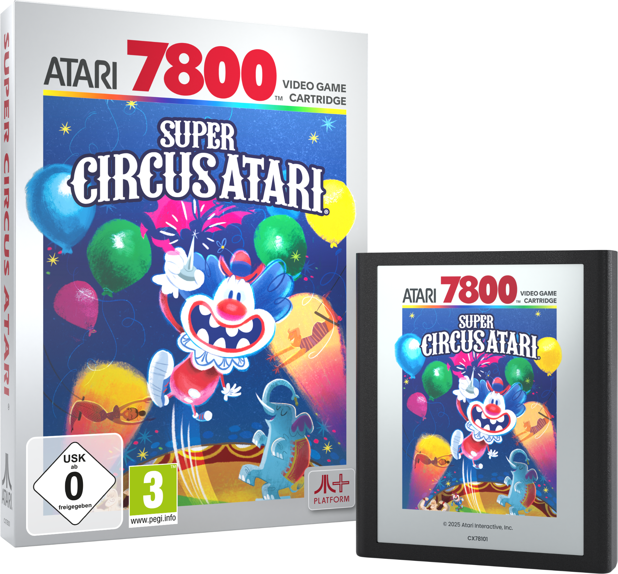 Boîte et cartouche pour Atari 7800 Super Circus Atari. La boîte présente un clown, des ballons et un éléphant.