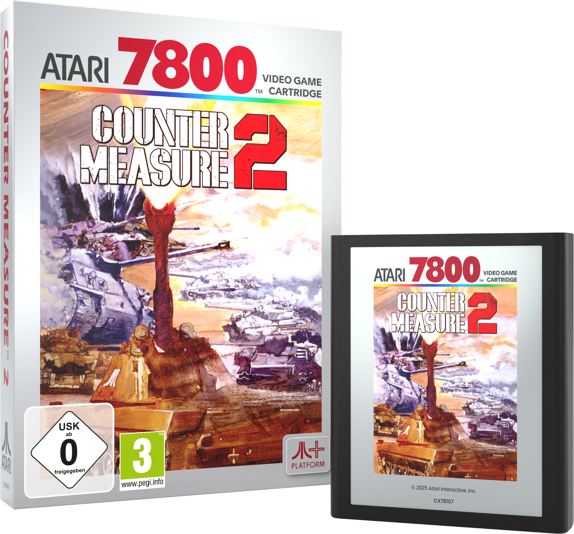 Artwork della scatola del gioco Atari 7800 Counter Measure 2. Presenta carri armati in una scena di battaglia e una cartuccia.
