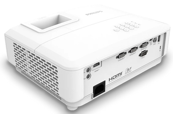 Biały projektor Philips na białej powierzchni. Posiada różne porty i przyciski. Widoczny port HDMI.