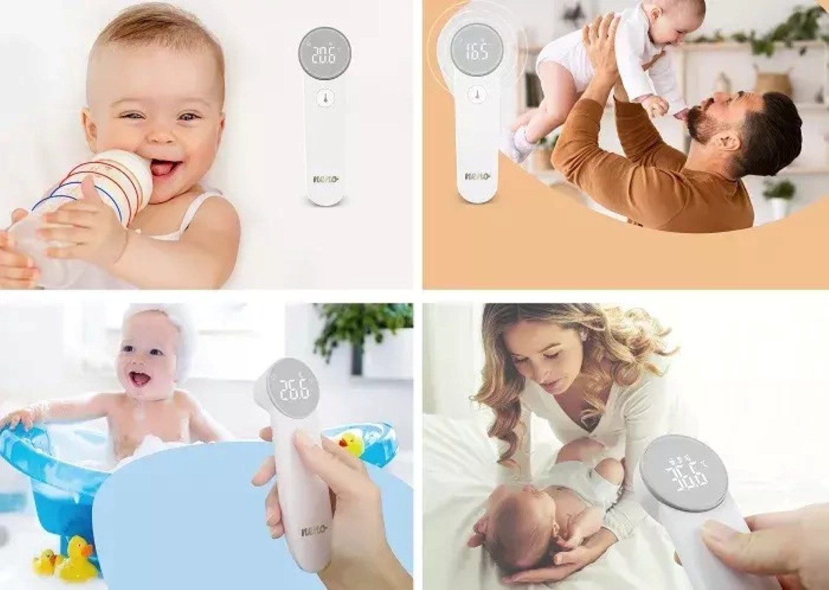 Cztery zdjęcia. Dziecko z butelką, termometr, ojciec z dzieckiem, dziecko w kąpieli i matka z dzieckiem.