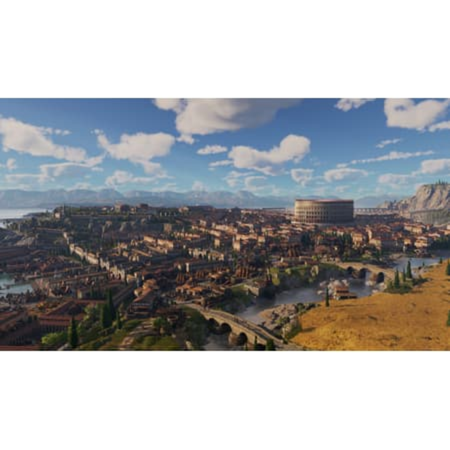 Un paysage urbain détaillé avec le Colisée en arrière-plan, entouré de bâtiments, de ponts et d'une rivière. Le ciel est bleu avec des nuages.