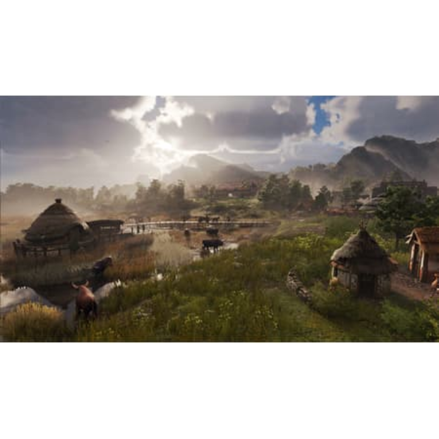 Une scène de paysage avec un village au bord de l'eau. Des huttes et des maisons au toit de chaume sont dispersées. Des montagnes sont en arrière-plan sous un ciel nuageux.