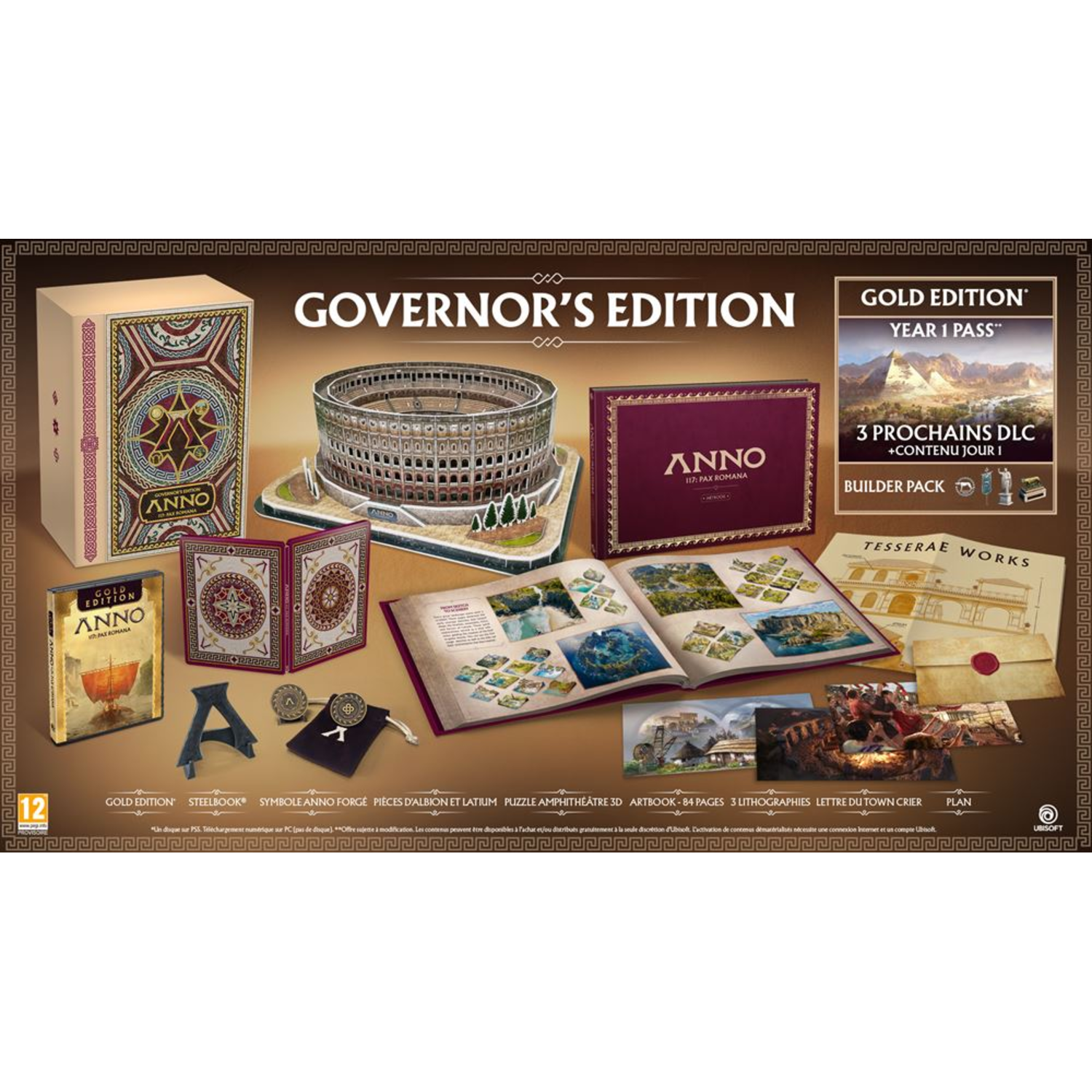 Anno 117: Pax Romana Governor's Edition box set. Includes game box, model Coliseum, artbook, map, coins, and DLC.