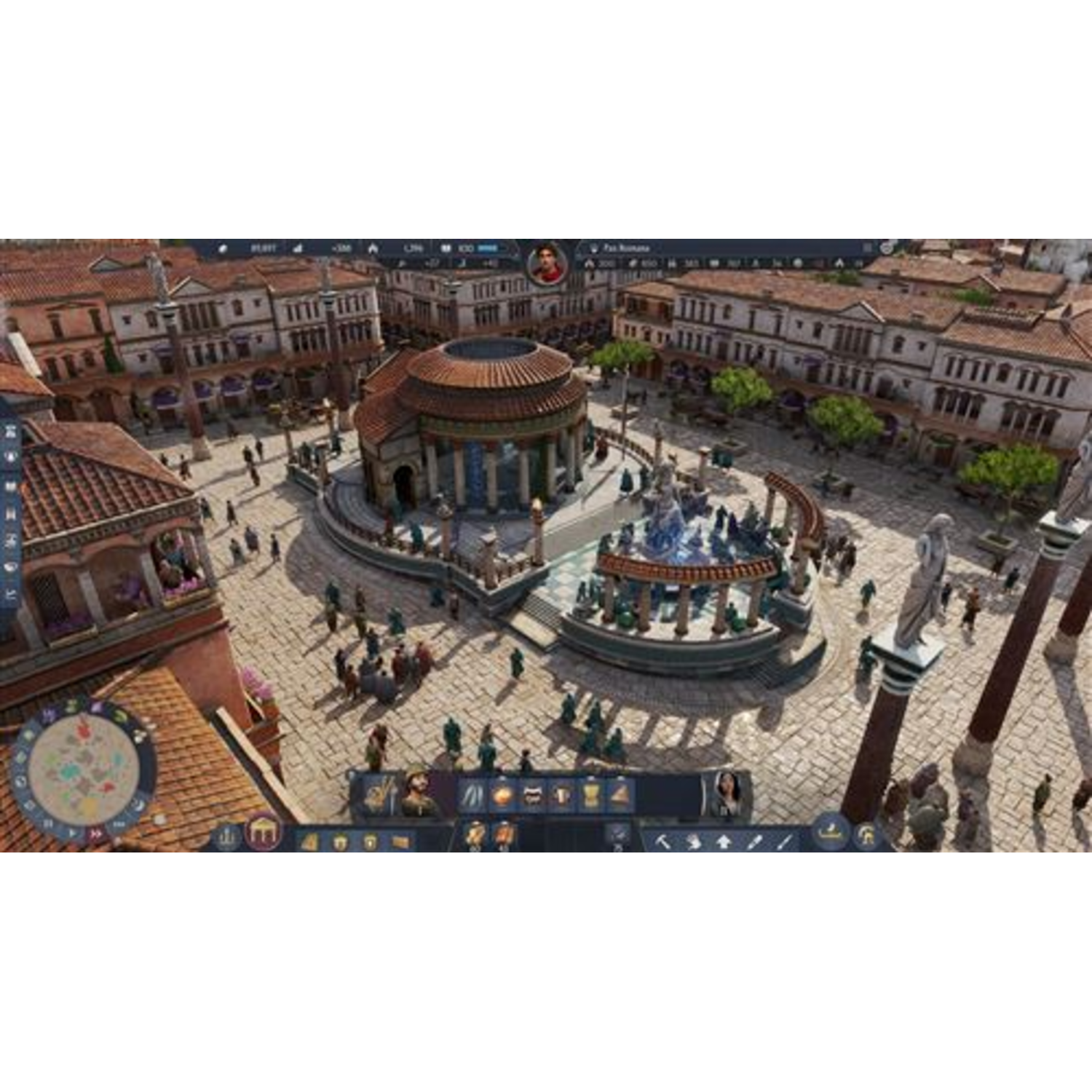 Cityscape with buildings, a central rotunda, and numerous people. Architectural details include columns and statues, creating a bustling scene.