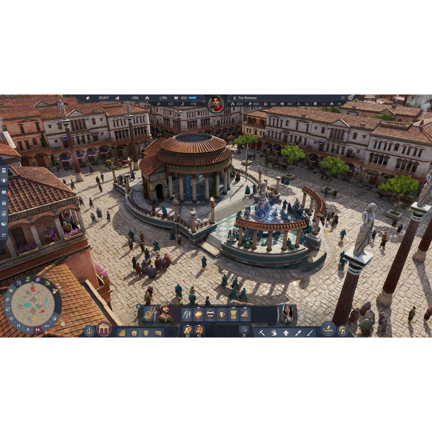 A city square scene with buildings, people, and a central fountain. Buildings have red-tiled roofs. People are walking. The scene has a game interface.