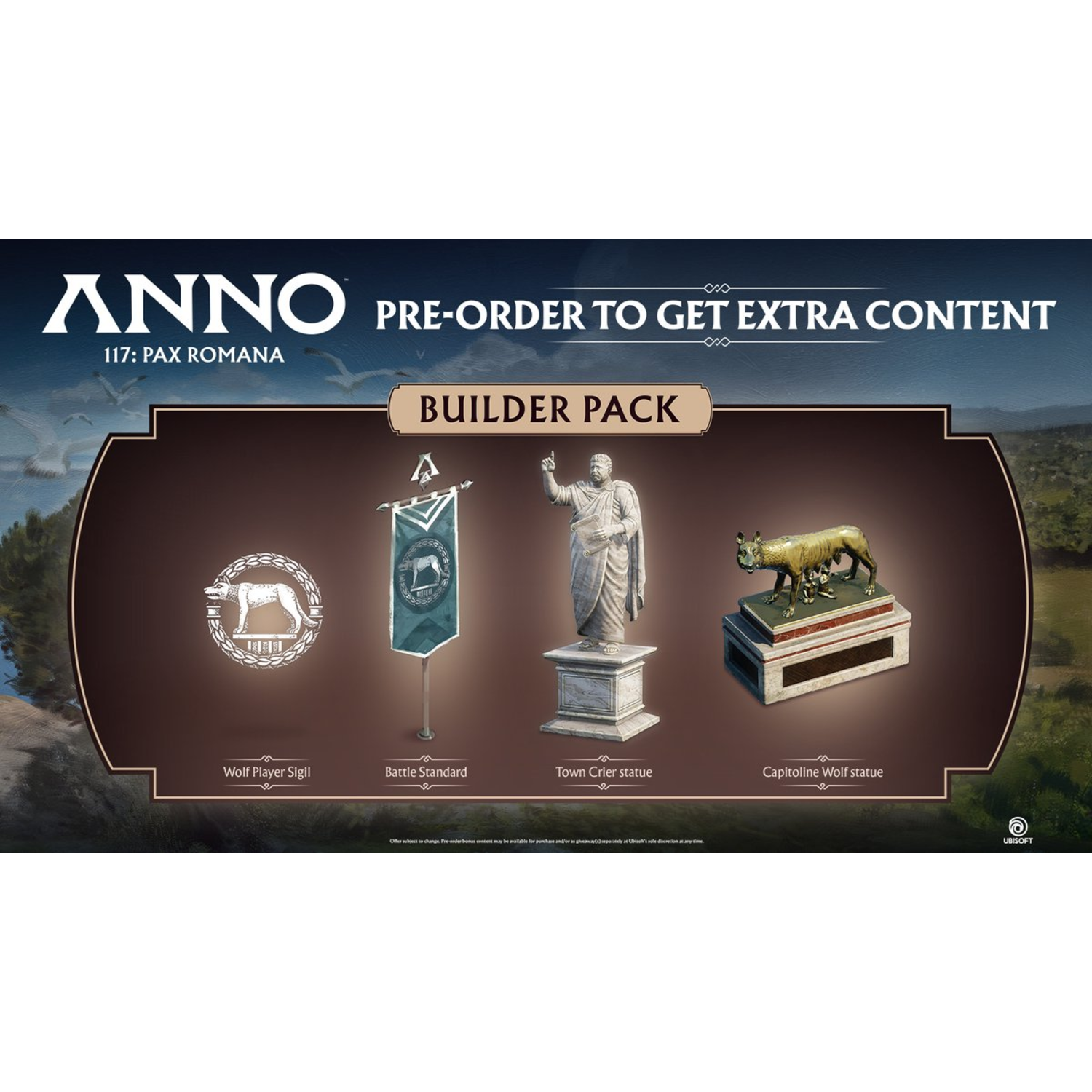 Anno 117: Pax Romana game ad shows builder pack content: Wolf Player Sigil, battle standard, town crier statue, and Capitoline Wolf statue.