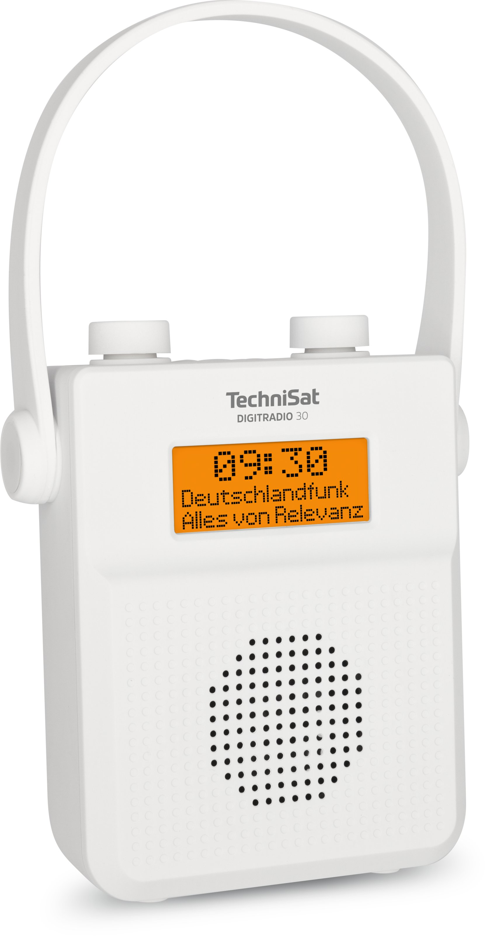 Ein weißes TechniSat DIGITRADIO 30 Radio mit Griff, Display zeigt Zeit und Radiosender. Ein schwarzer Lautsprecher ist vorn.