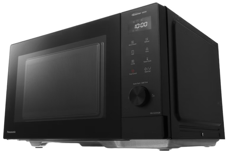 Czarny mikrofalówka Panasonic. Wyświetlacz pokazuje 10:00. Przyciski: moc, rozmrażanie, grill i start/ustaw.