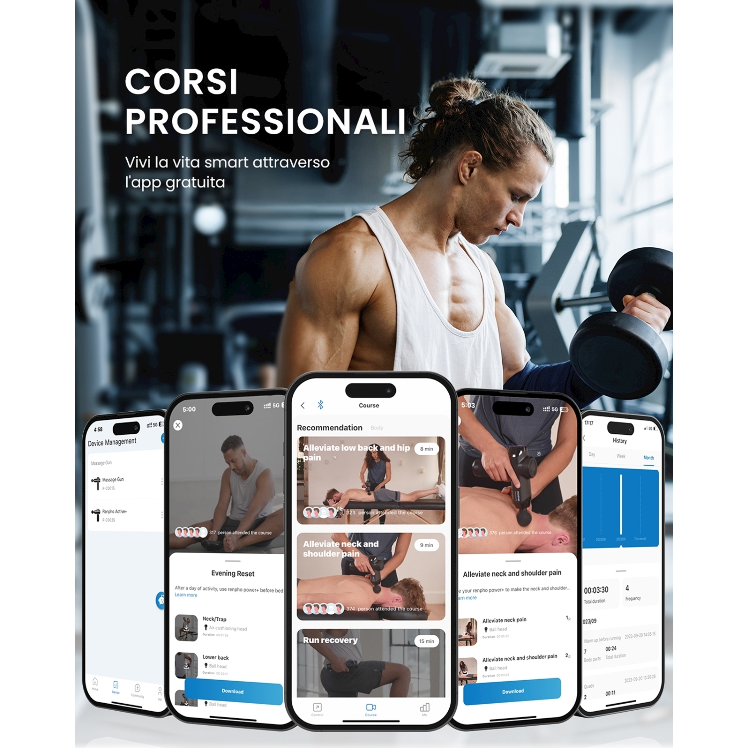 Uomo che solleva pesi, circondato da telefoni con app per la salute. Testo: CORSI PROFESSIONALI.