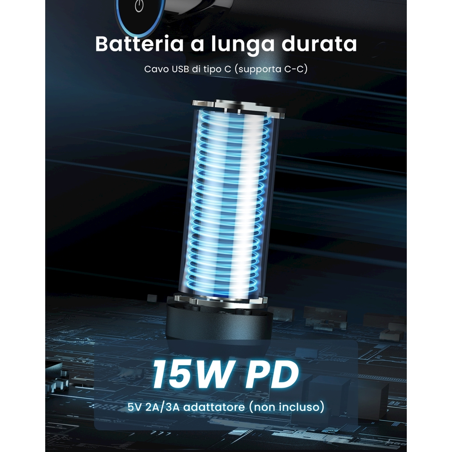 L'immagine mostra una cella energetica blu brillante. Il testo menziona lunga durata della batteria, 15W PD e cavo USB-C.