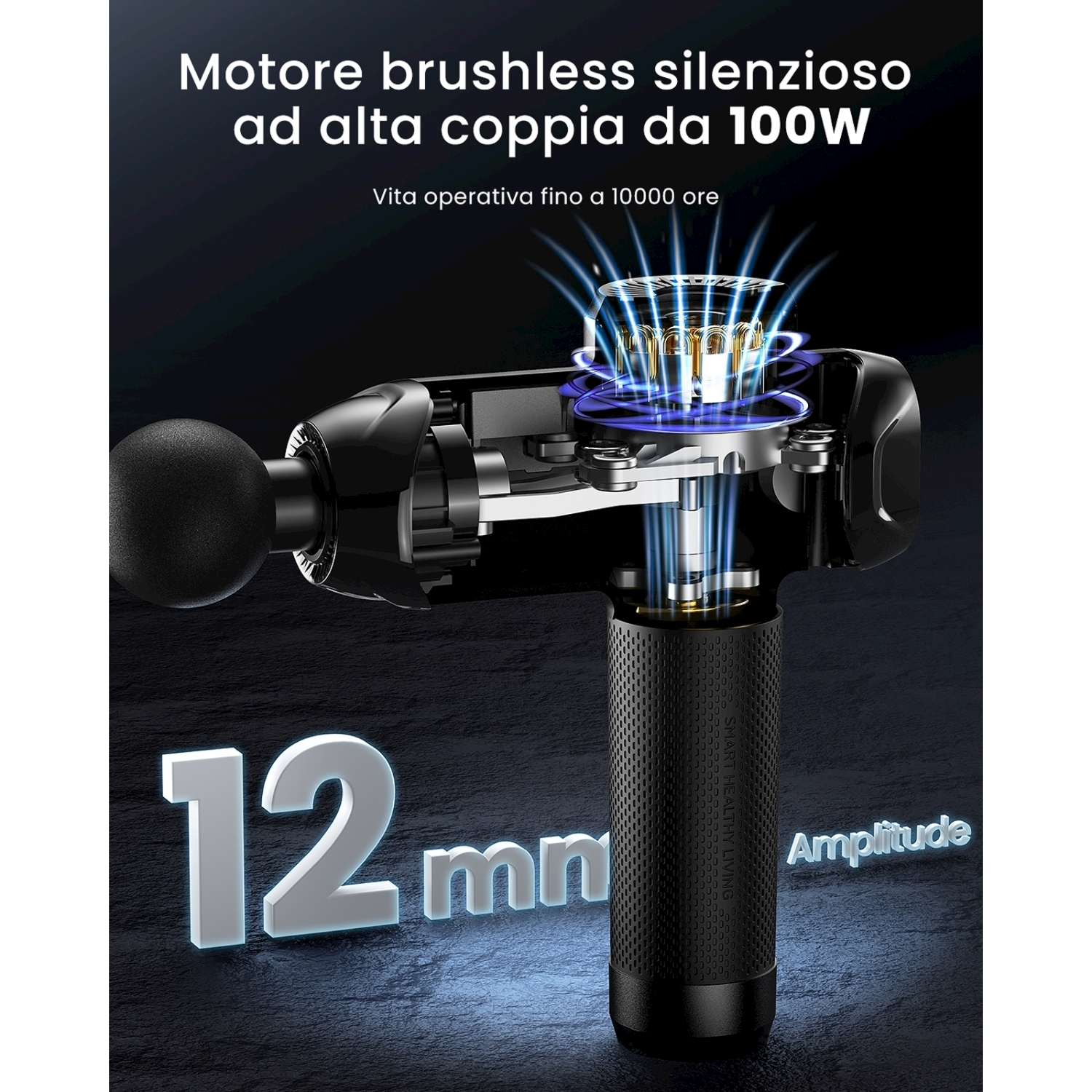 Pistola massaggiante nera con componenti interni visibili. Testo: 'Motore brushless silenzioso', '12 mm', 'Amplitude'.