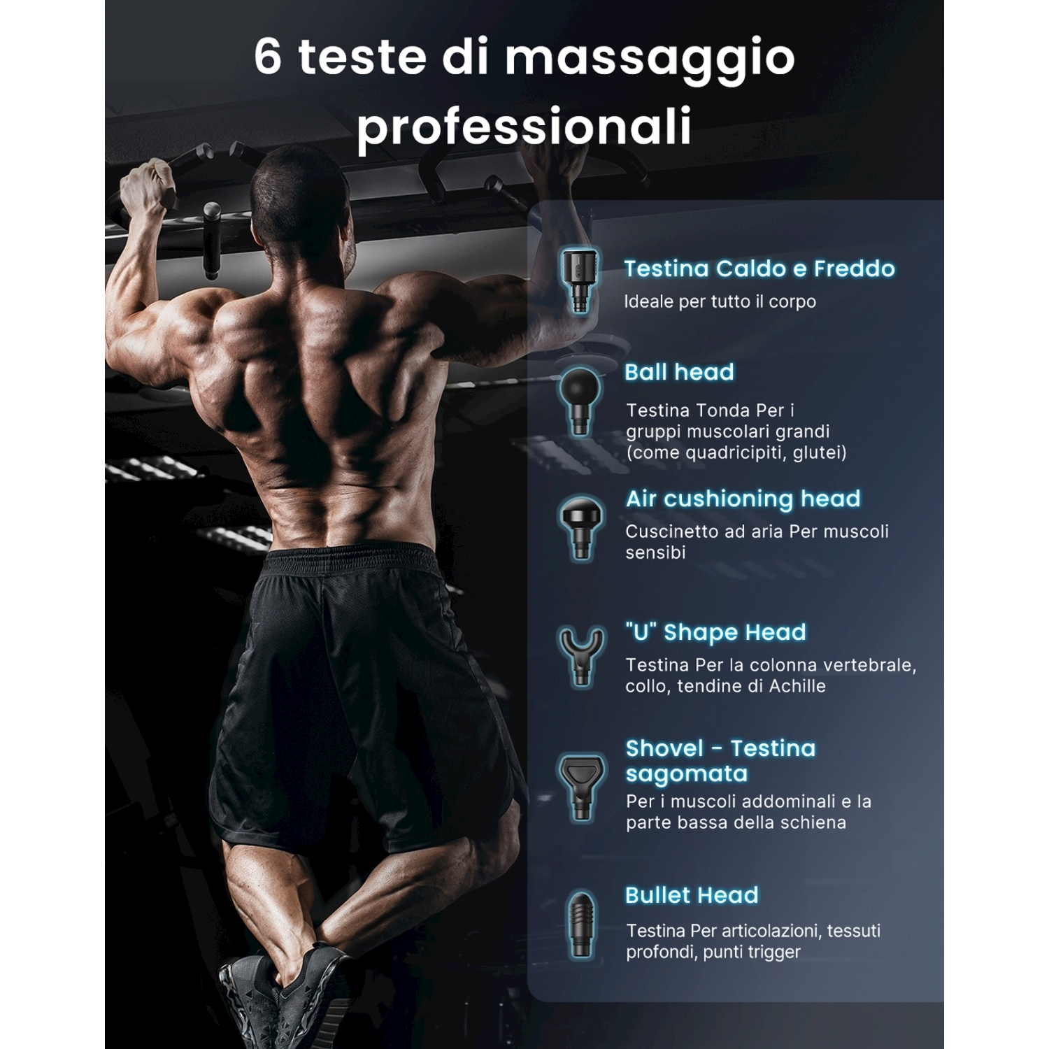 Un uomo muscoloso è appeso a una sbarra. Il testo elenca le testine per massaggio: caldo/freddo, a sfera, a cuscino d'aria, a forma di U, a pala e a proiettile.
