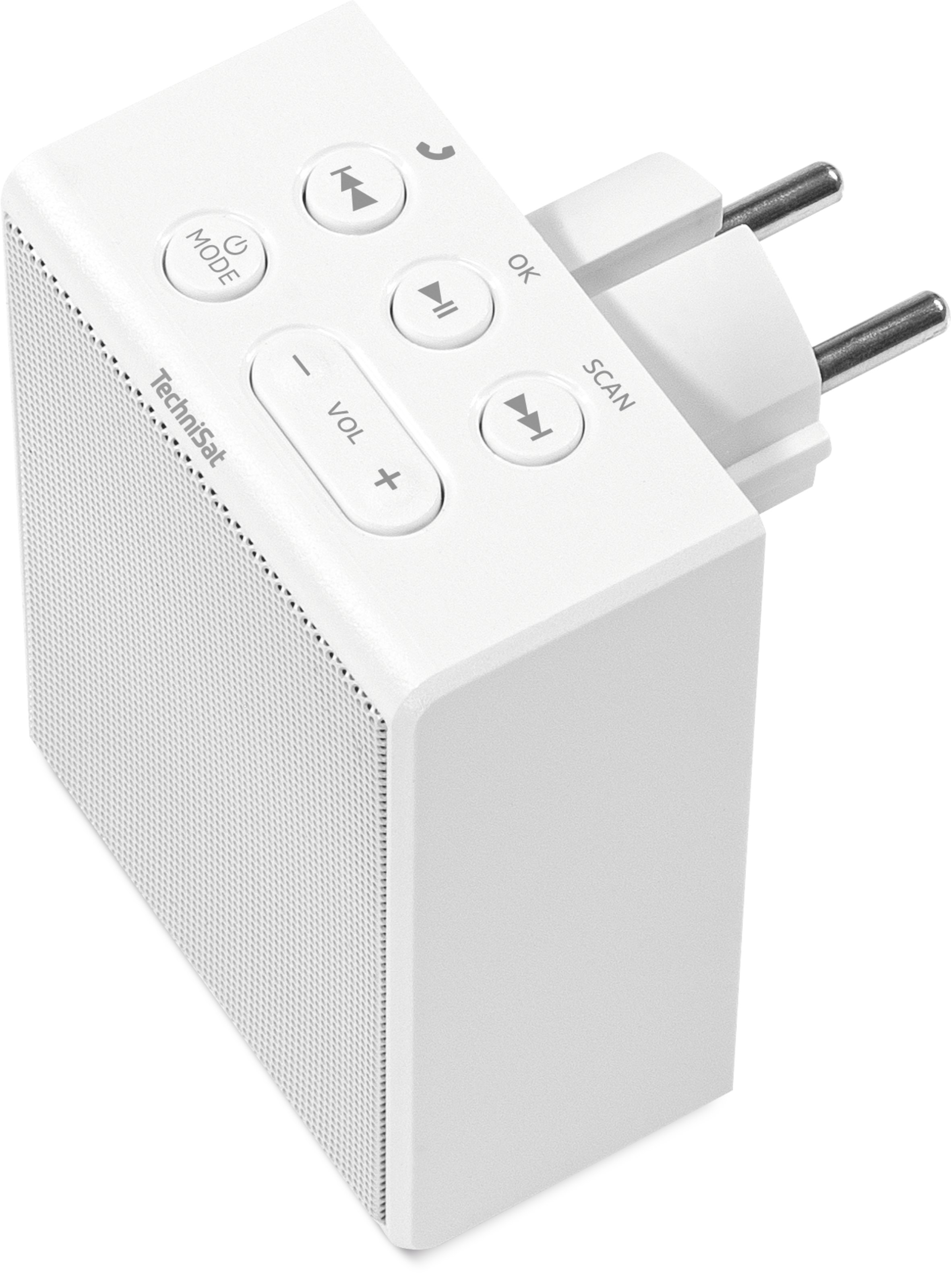 Weißer TechniSat-Lautsprecher mit Tasten und Stecker. Tasten umfassen Modus, Lautstärke und Navigation. Silberne Stromzinken.