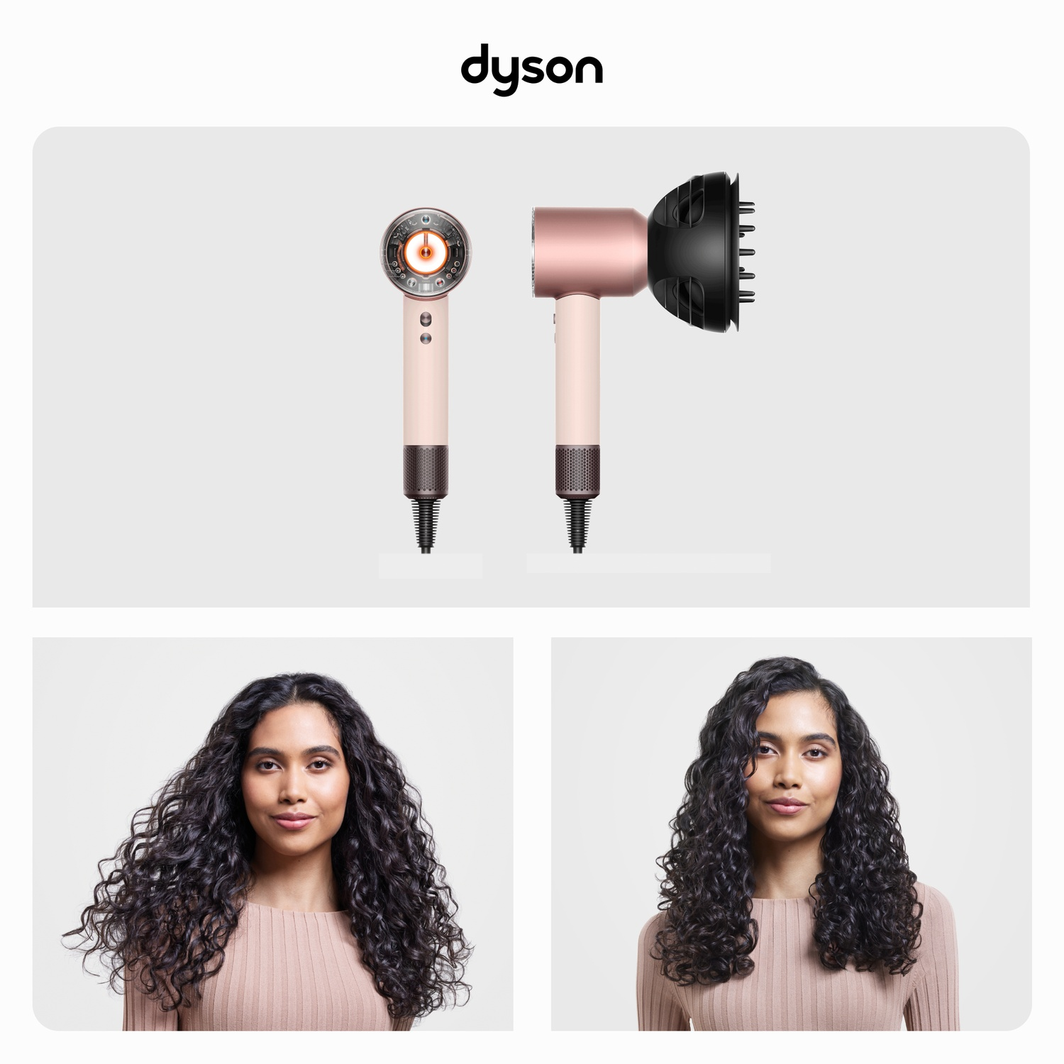 Un asciugacapelli Dyson e una donna con i capelli ricci prima e dopo lo styling. L'asciugacapelli è oro rosa e nero.