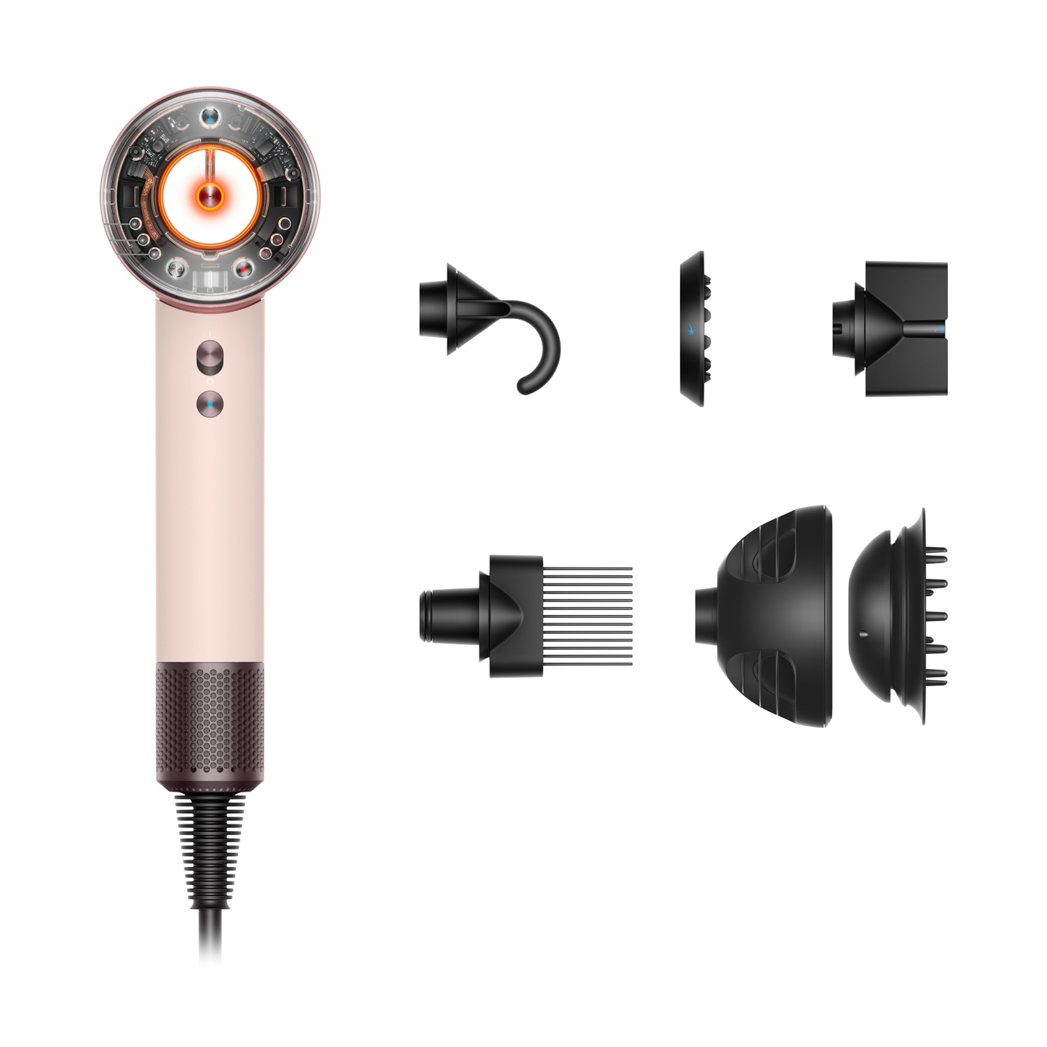 Un asciugacapelli Dyson smontato con accessori. L'asciugacapelli è rosa e grigio. Gli accessori sono neri, inclusi ugelli e diffusori.