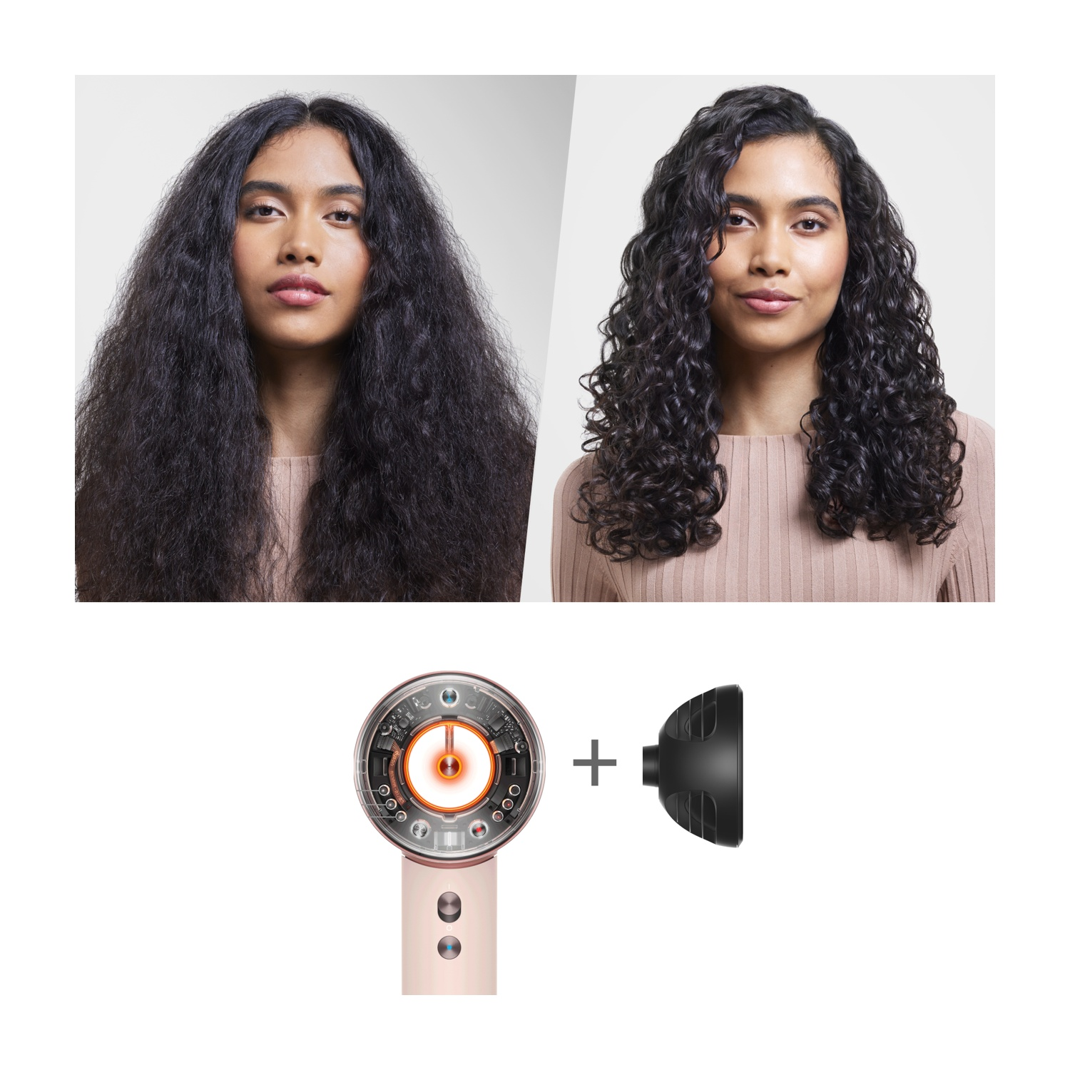 L'immagine mostra una donna con capelli crespi e ricci. Sotto c'è un asciugacapelli e un diffusore.