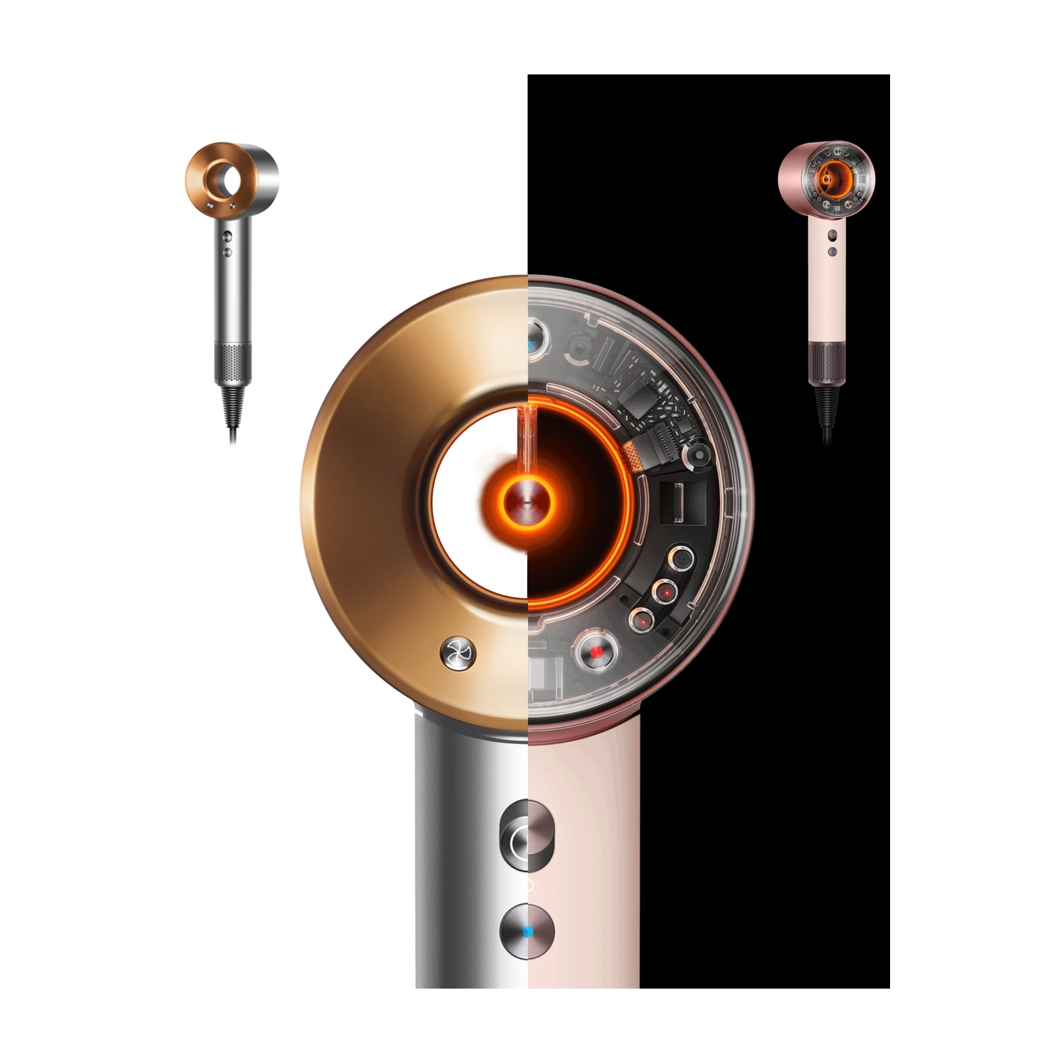 Un asciugacapelli Dyson, vista divisa. Un lato mostra l'interno, l'altro l'esterno in oro e argento.