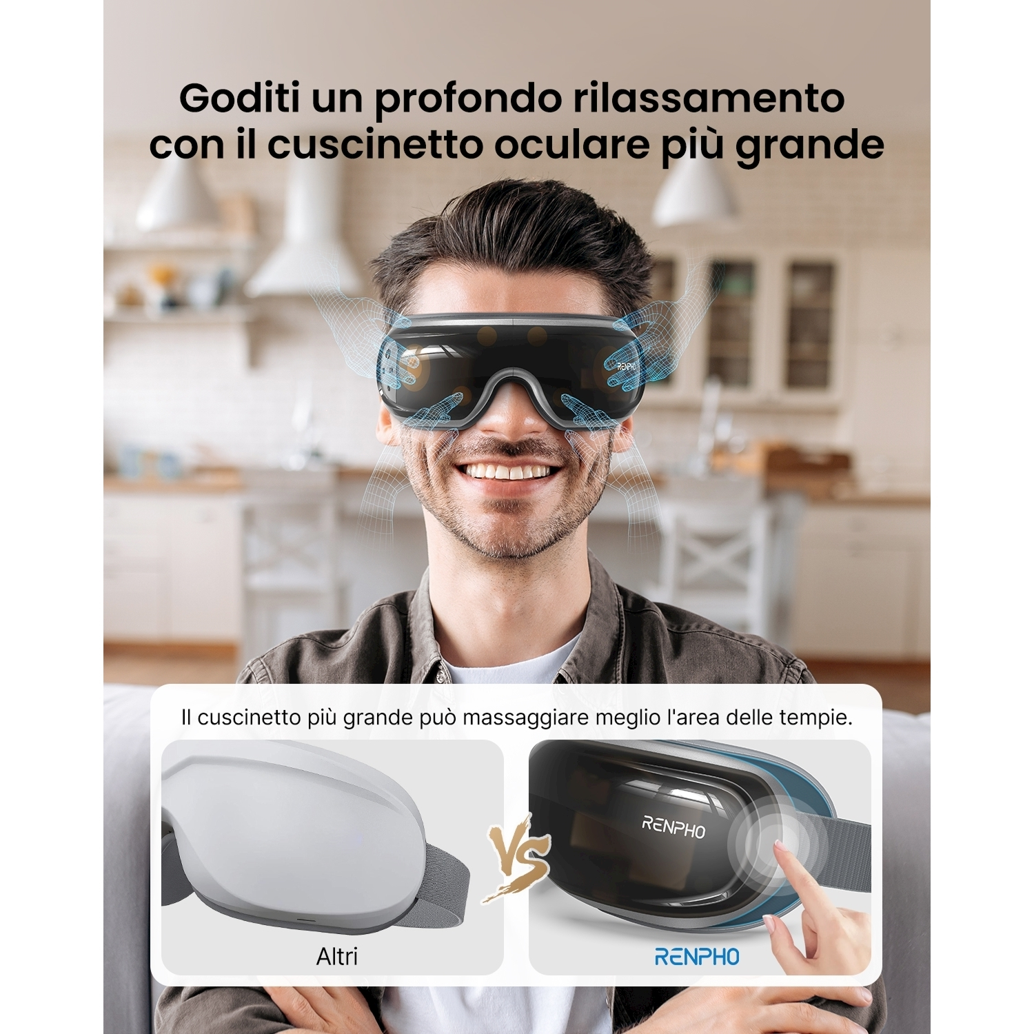 Uomo con massaggiatore oculare, sorridente. Confronto: massaggiatore oculare bianco vs. nero RENPHO. Testo: 'Goditi un profondo relax'.