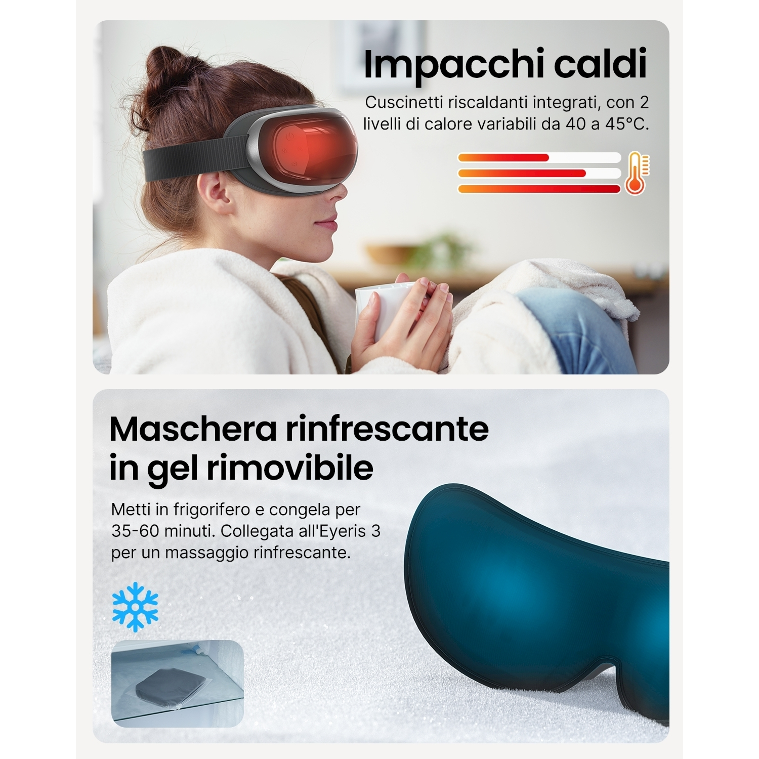 Donna con mascherina per gli occhi, che tiene una tazza. Il testo dice 'Impacchi caldi' e 'Maschera in gel rimovibile'.