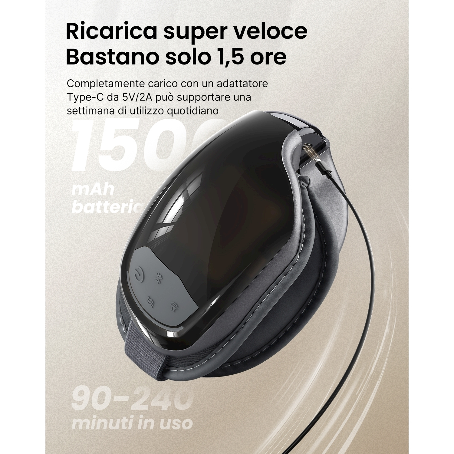 Un massaggiatore per occhi nero e grigio con cavo di ricarica. Il testo indica ricarica rapida e batteria da 150 mAh.