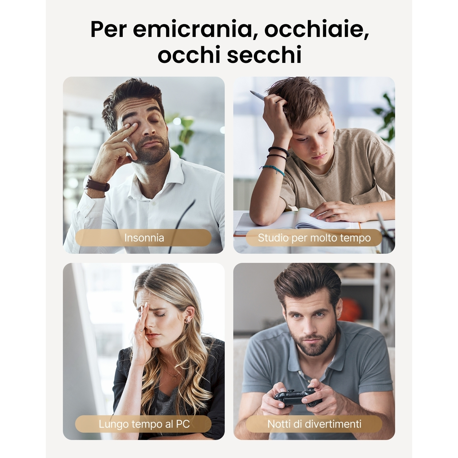 L'immagine mostra quattro pannelli. Raffigurano persone con problemi agli occhi comuni come insonnia, studio prolungato, uso del PC e gioco.