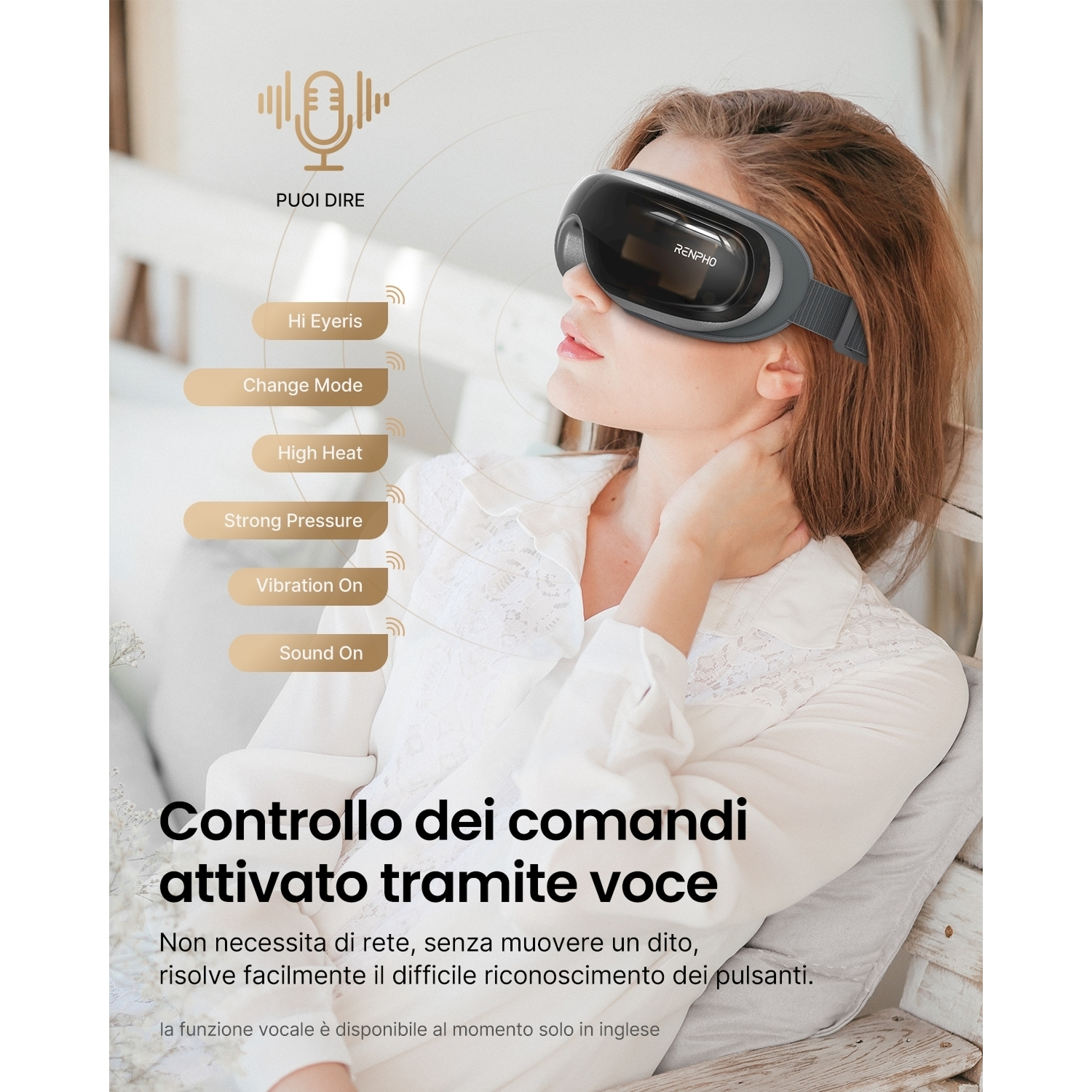 Donna con massaggiatore occhi. Testo: 'Controllo dei comandi attivato tramite voce' (Controllo vocale attivato).