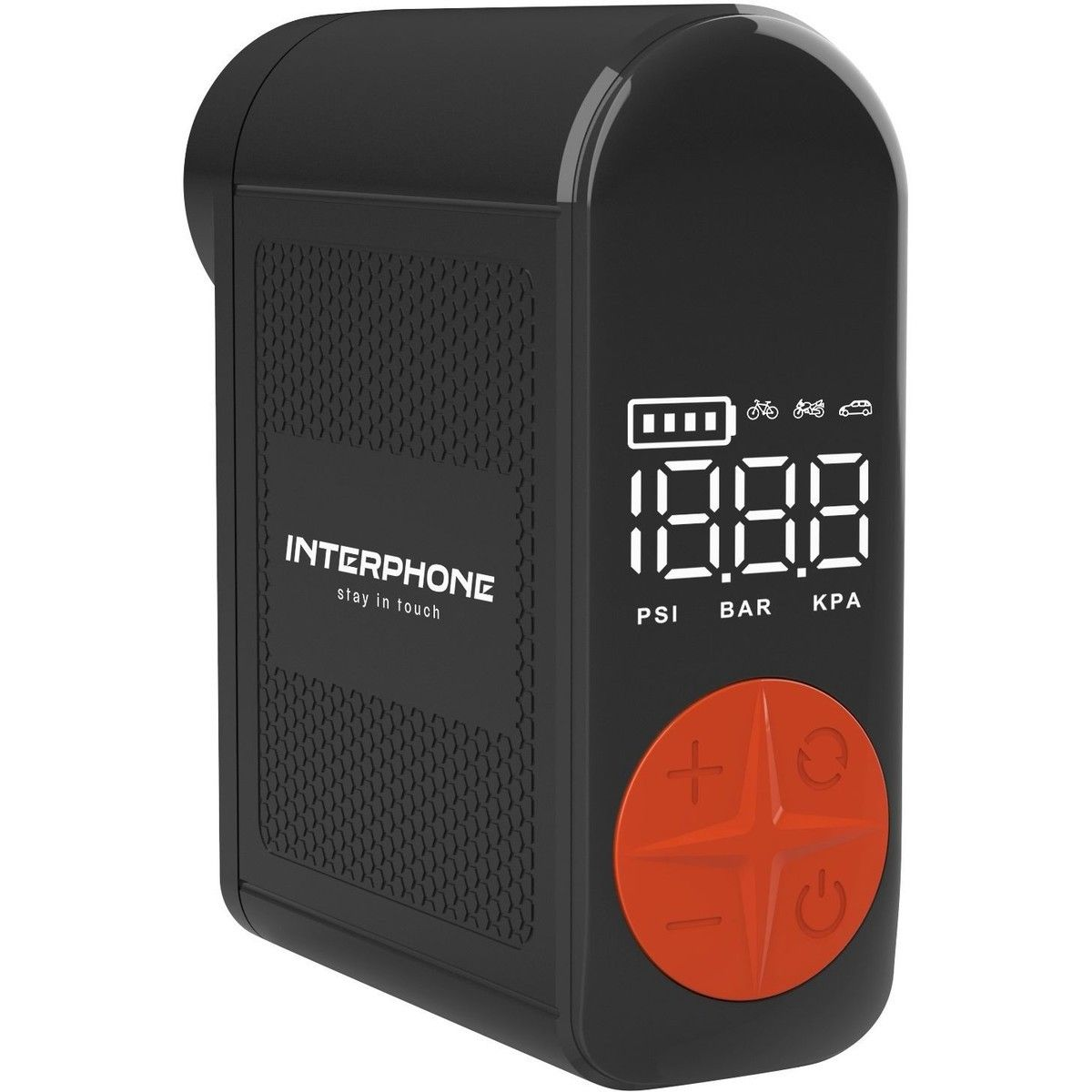 Schwarzer Interphone-Reifenfüller mit digitaler Anzeige von Druck in PSI, BAR und KPA sowie orangefarbenen Bedientasten.
