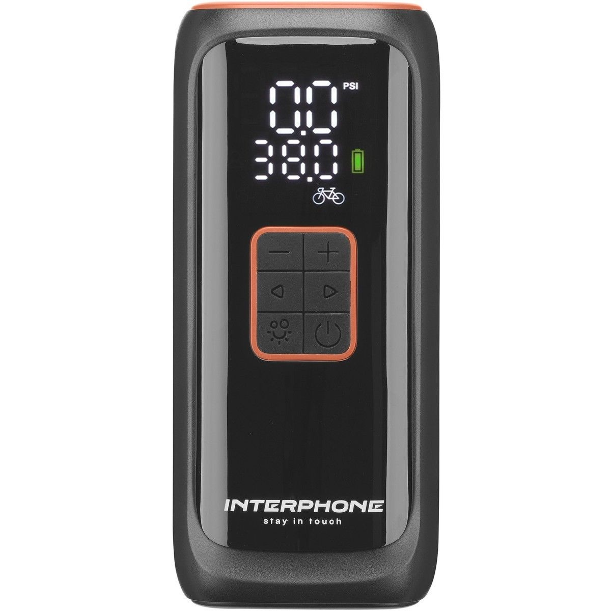 Schwarzes und orangefarbenes Interphone-Gerät mit digitaler Anzeige mit Zahlen und Tasten. Das Gerät dient zum Aufpumpen von Fahrradreifen.