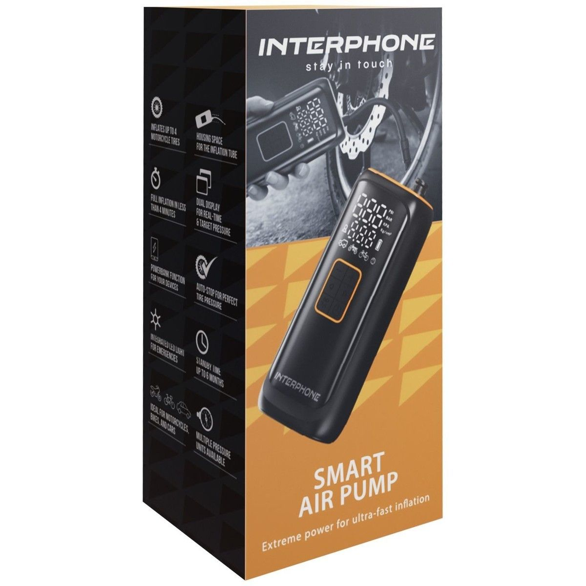 Eine schwarz-orangefarbene Interphone Smart Air Pump Box. Auf der Seite sind Funktionen aufgelistet und die Pumpe selbst auf der Vorderseite.