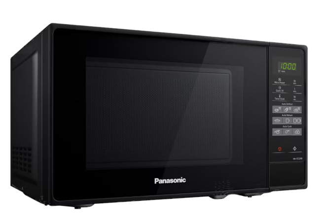 Czarna kuchenka mikrofalowa Panasonic. Zegar cyfrowy pokazuje 10:00. Przyciski po prawej stronie dla funkcji.