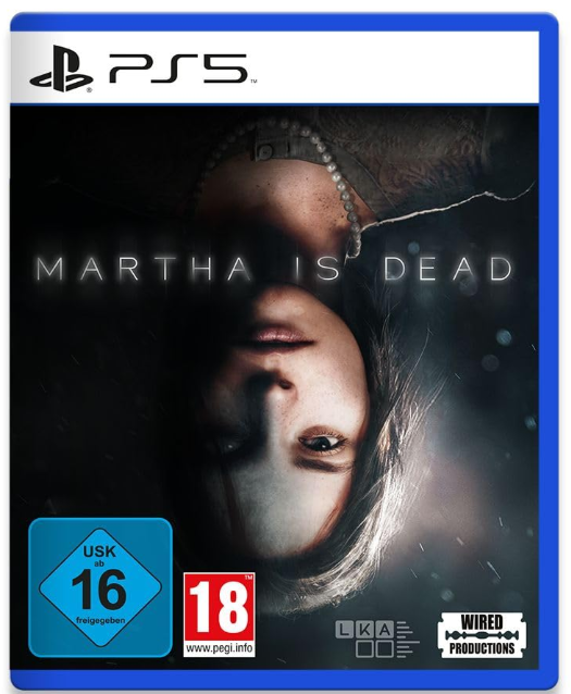 Spielcover für Martha Is Dead, PS5. Zeigt ein Frauengesicht, Titeltext und Altersfreigabe-Embleme.