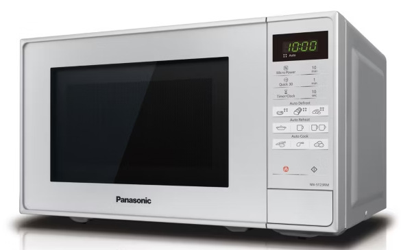 Biała kuchenka mikrofalowa Panasonic. Wyświetlacz pokazuje 10:00. Posiada przyciski do zasilania, rozmrażania i gotowania.