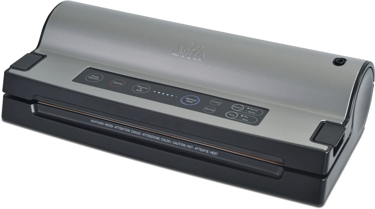 Srebrno-czarna zgrzewarka próżniowa z przyciskami, tekstem i zakrzywioną konstrukcją. Urządzenie znajduje się na czarnym tle.