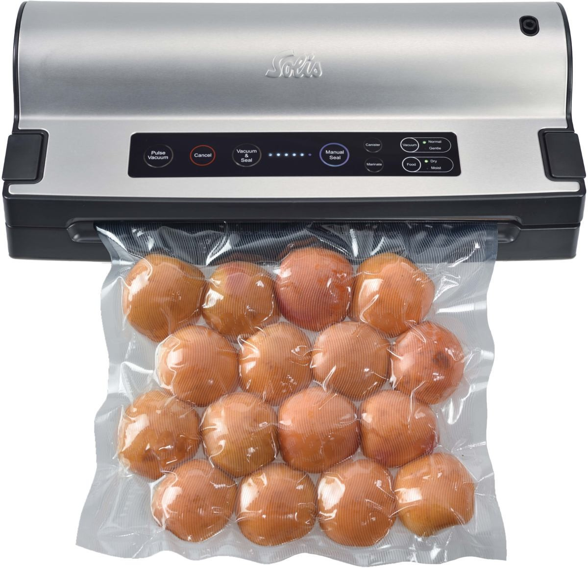 Zgrzewarka próżniowa do żywności z przezroczystą torbą wypełnioną kilkoma pomarańczowymi owocami. Maszyna jest srebrna i czarna.