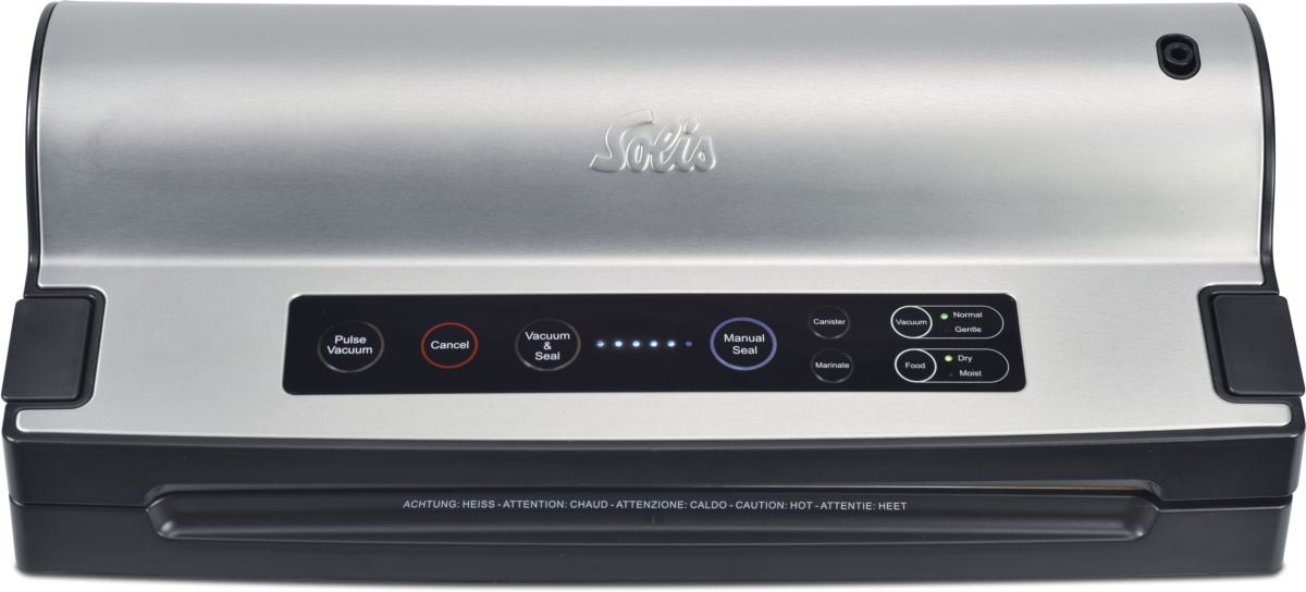 Srebrno-czarna zgrzewarka próżniowa z wieloma przyciskami do różnych funkcji. Widoczne jest logo Solis.