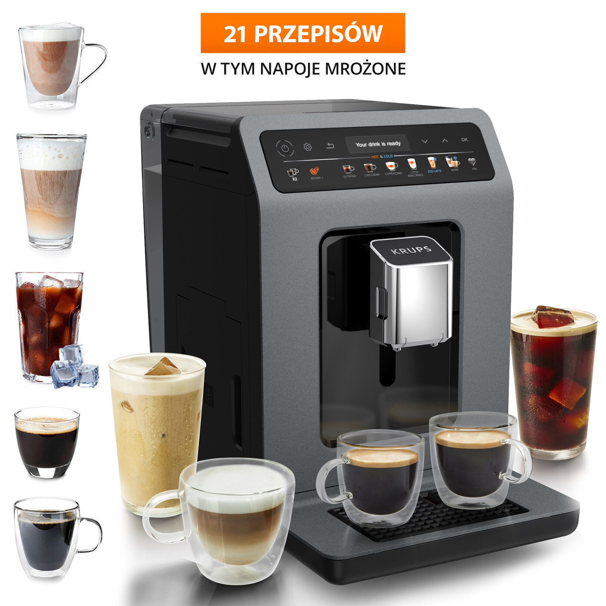 Ekspres do kawy z różnymi napojami kawowymi, w tym mrożone latte i cappuccino. Maszyna jest szara, z logo Krups.