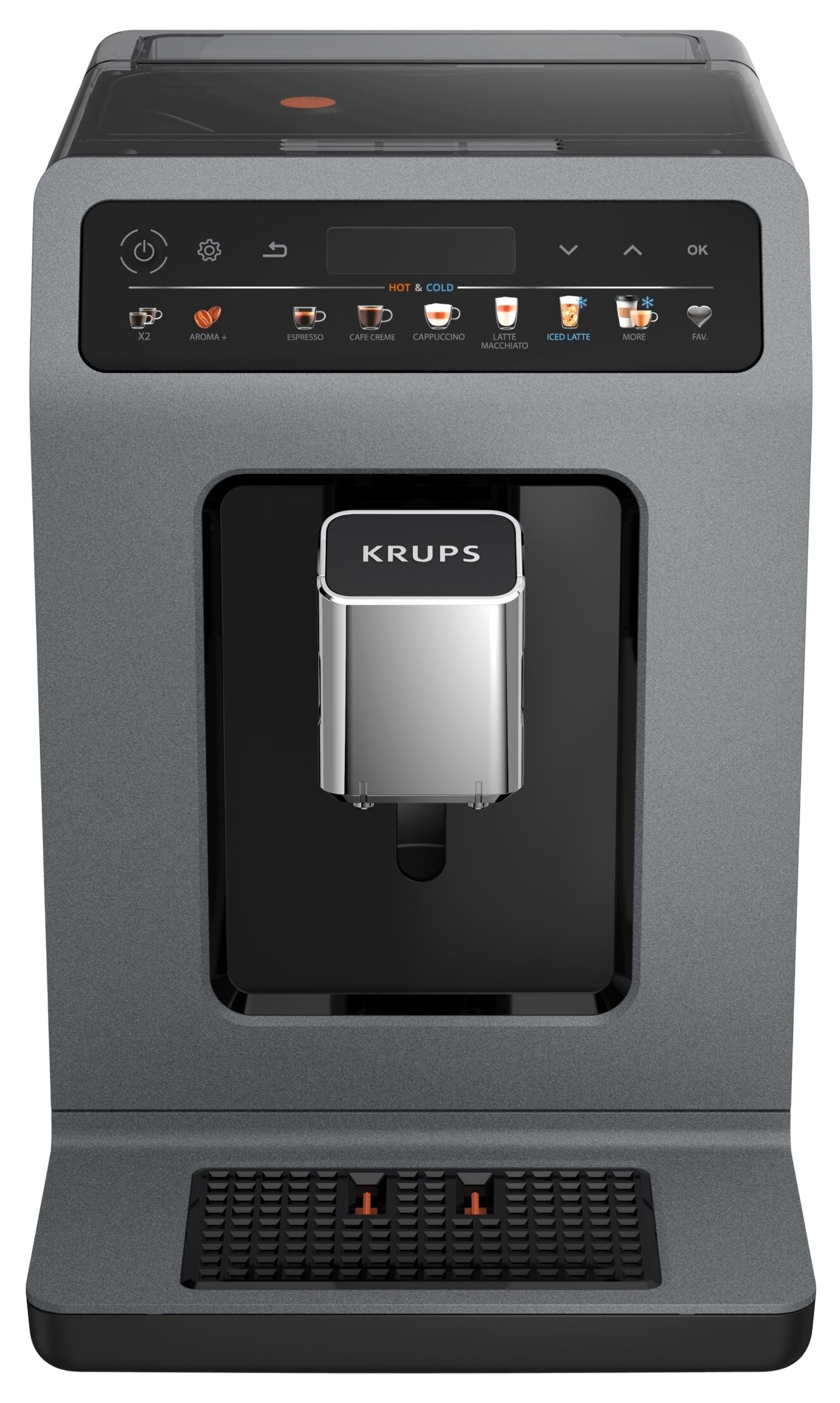 Ekspres do kawy Krups. Posiada cyfrowy wyświetlacz i przyciski do różnych opcji kawy, takich jak espresso i cappuccino. Srebrny wylot wody.