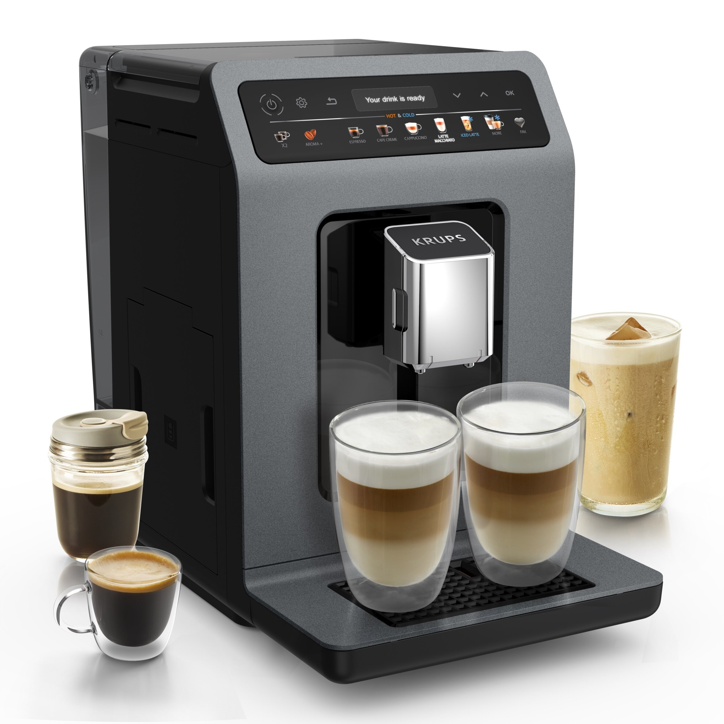 Ekspres do kawy Krups z napojami kawowymi. Espresso, cappuccino, mrożone latte i latte macchiato są na zdjęciu.