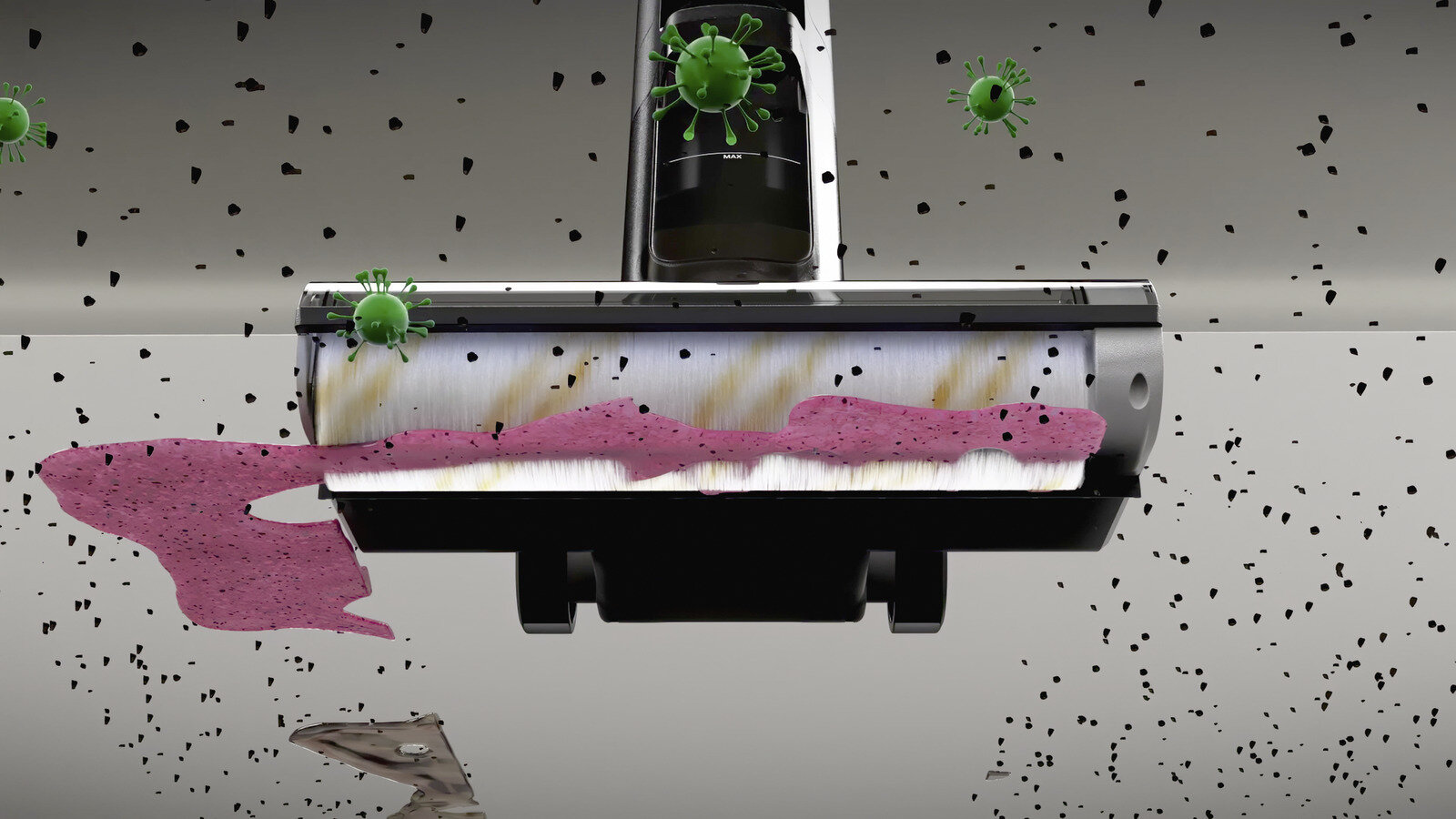 Odkurzacz z głowicą szczotkową czyści powierzchnię. Zielone obiekty podobne do wirusów i czarne szczątki unoszą się.