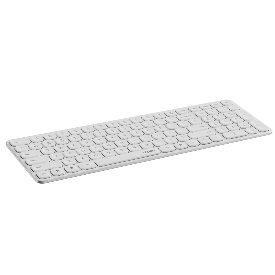 Eine weiße Tastatur mit schwarzen Buchstaben und Zahlen befindet sich auf weißem Hintergrund. Die Tastatur hat Tasten für Buchstaben, Zahlen und Funktionen.