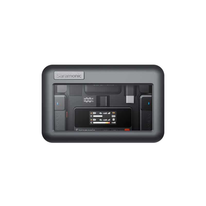 Küçük bir ekrana sahip gri bir Saramonic ses alıcısı. Bir USB-C bağlantı noktası ve iki küçük cihaz içerir.