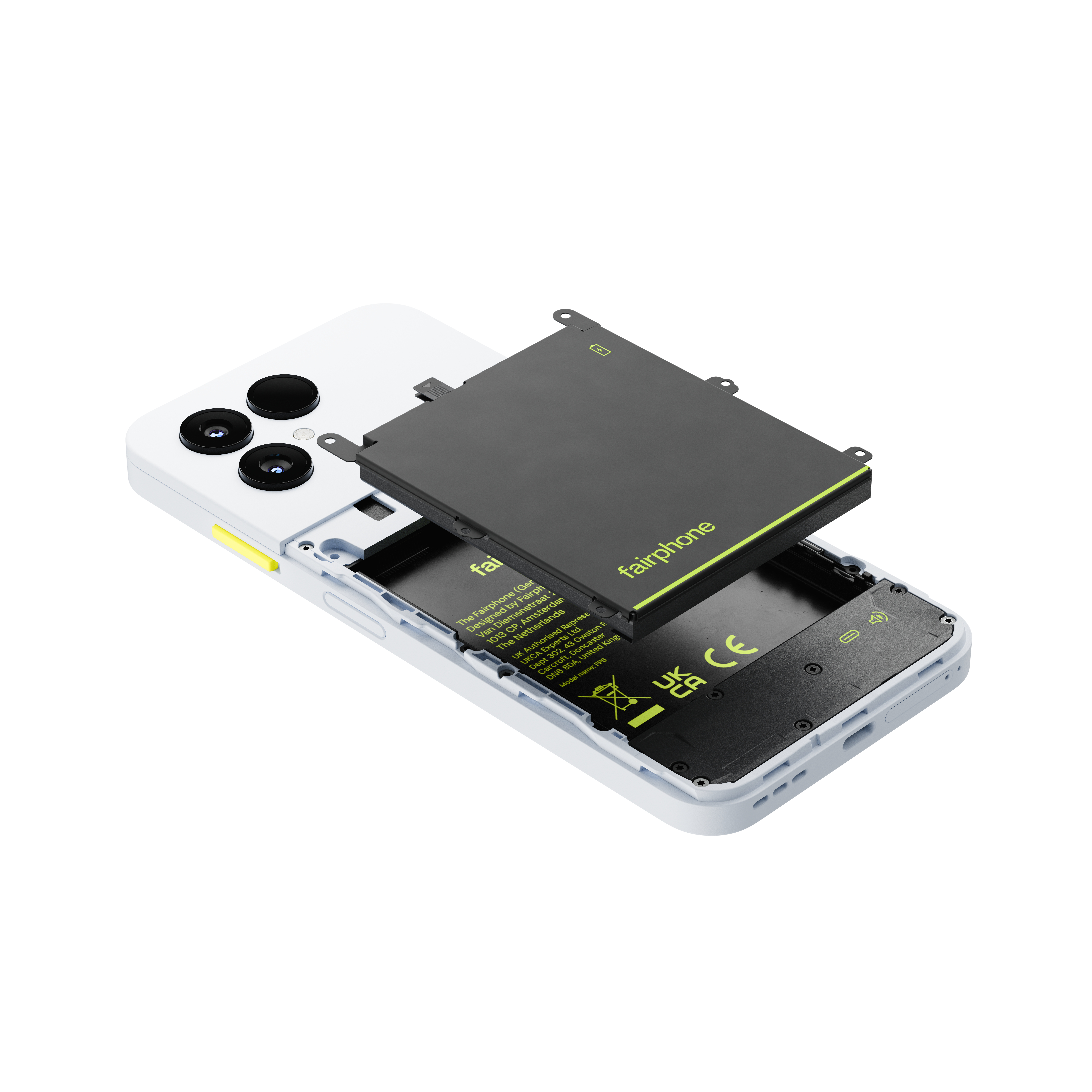 Zerlegtes Fairphone, zeigt Batterieentfernung. Ein schwarzer Akku liegt über dem Telefon. Das Telefon ist weiß und hat drei Kameras.