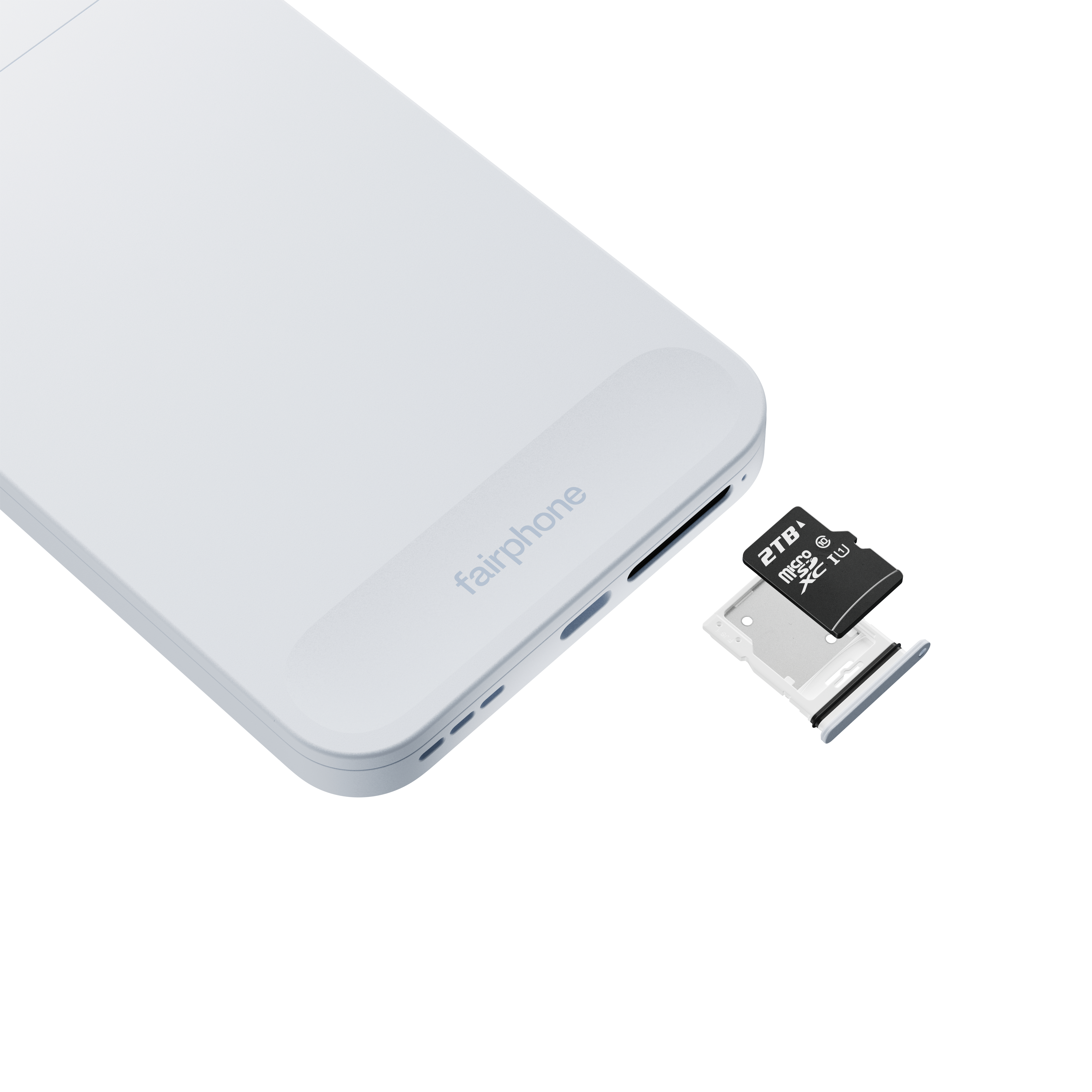 Ein weißes Fairphone mit einem Steckplatz für eine 2TB Micro-SD-Karte. Die Karte und der Einschub liegen außerhalb.