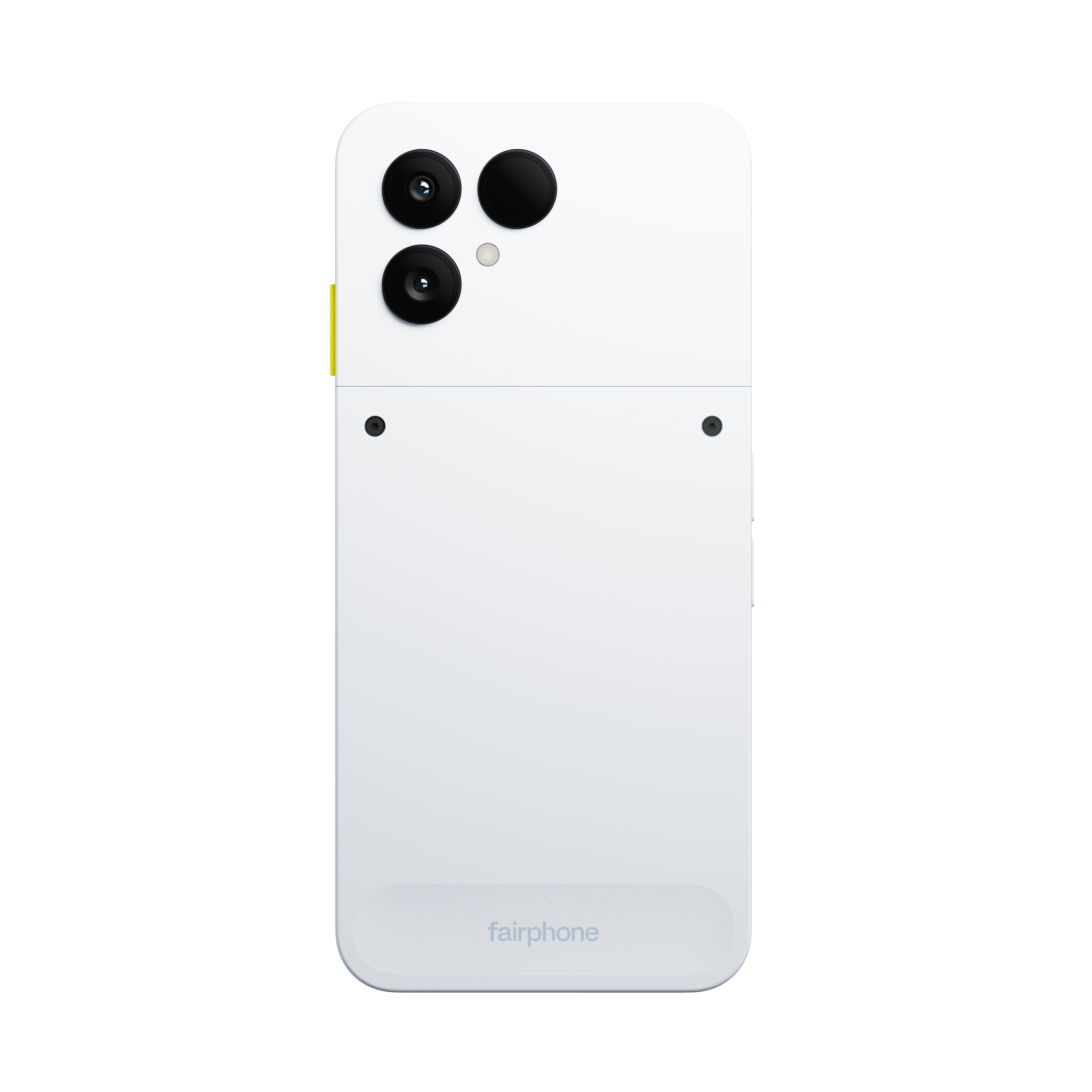 Weißes Fairphone. Oben drei schwarze Kameralinsen. Gelber Akzent an der Seite. Zwei Schrauben und das Fairphone-Logo unten.
